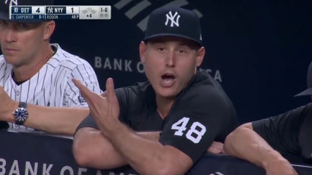 Anthony Rizzo argues with an umpire from the dugout